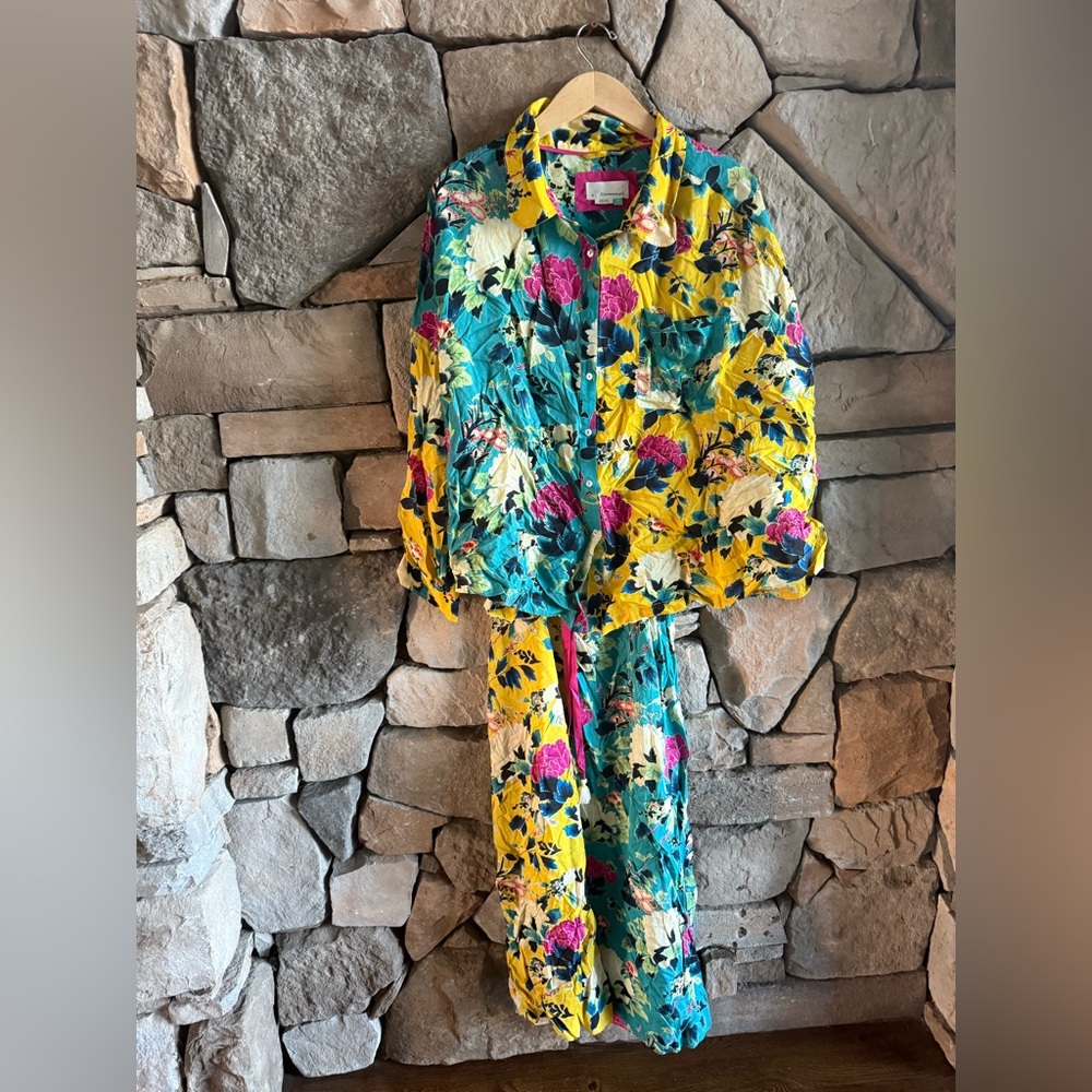 New🌟Anthropologie- Sweet Dreams Chartreuse Floral Lounge Set - Picture 8 of 8